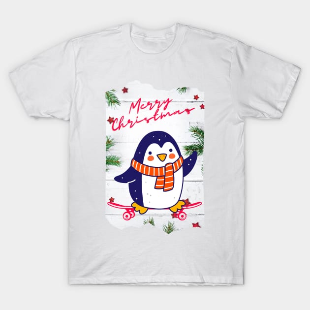 Merry Christmas Penguin with Skateboard T-Shirt by Skate Galaxy